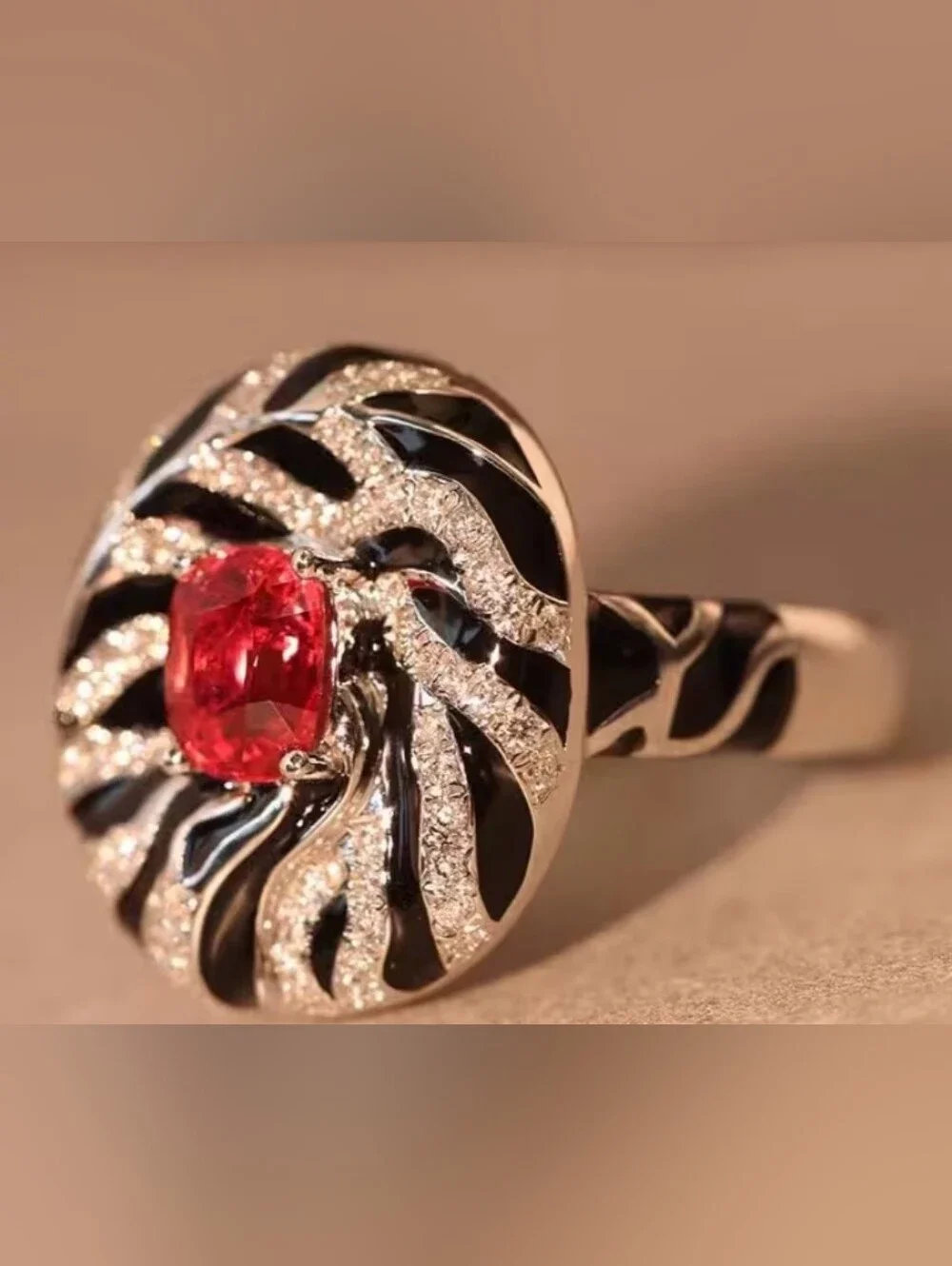 Elegant Black & White Enamel Ring with Red Center Stone